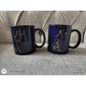 Set Of Two Linyl Mickey Mouse Coffee Tea 8oz Mug Navy Blue w/ Gold Silhouette